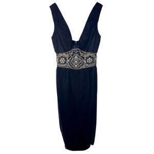 NEW Mandalay Black Silk Beaded Embellished Midi Short Evening Dress Women Size 8